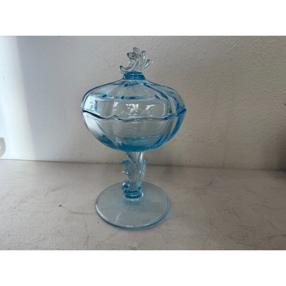 Vintage Empoli Italian Blue Glass Compote – Lidded Pedestal Candy Dish MCM - Picture 1 of 10